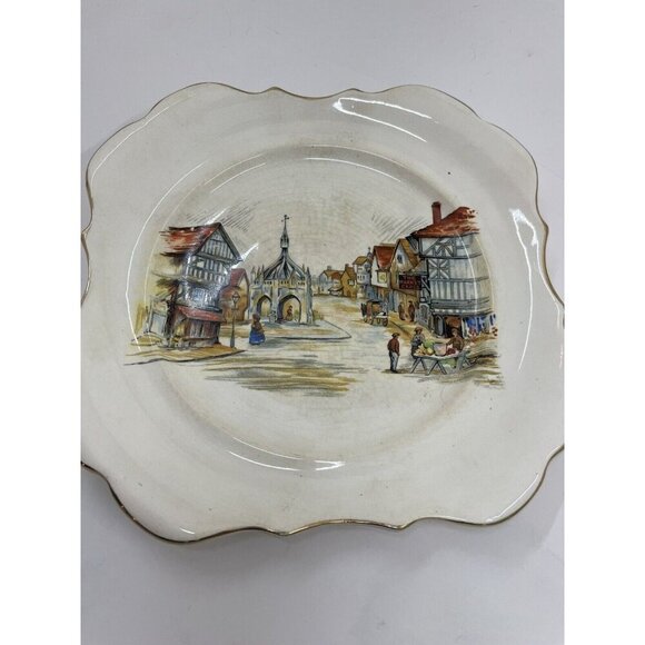 Sandland Ware Cake Plate Village Market Scene Made in England Vintage Dish - Picture 3 of 6